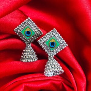 Tanish Silver Jhumka Earrings with vibrant peacock‑eye
